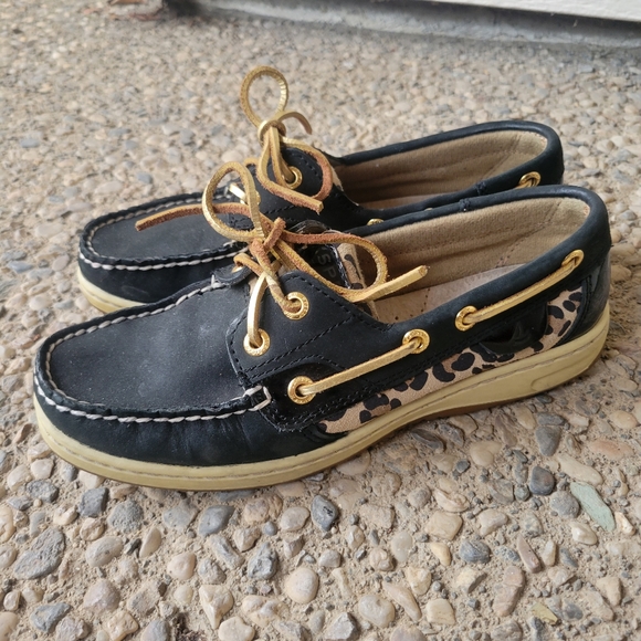 Sperry Black and Cheetah Print Top-Siders with Gold Laces - Picture 5 of 11